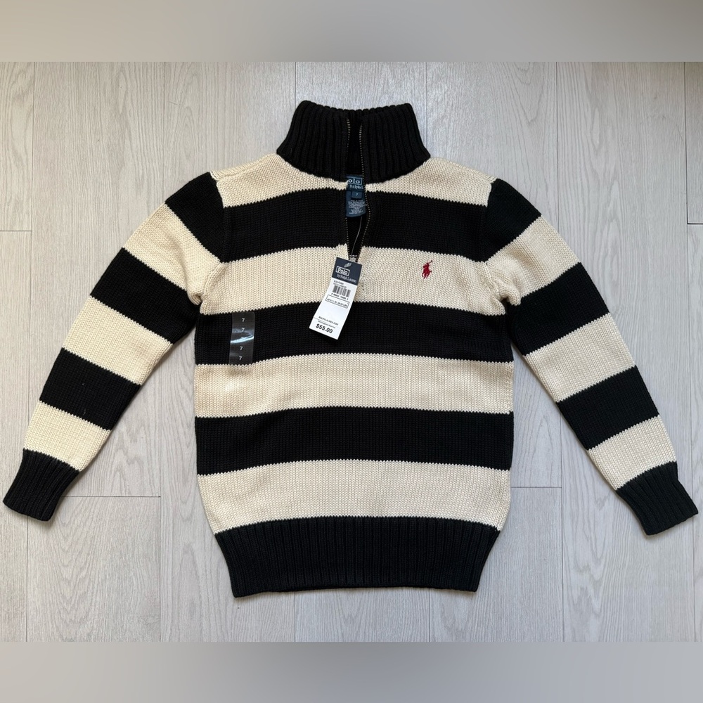 NEW! Polo Ralph Lauren Black & Cream Striped 1/4 Zip Sweater! NEW WITH TAGS!Sz 7